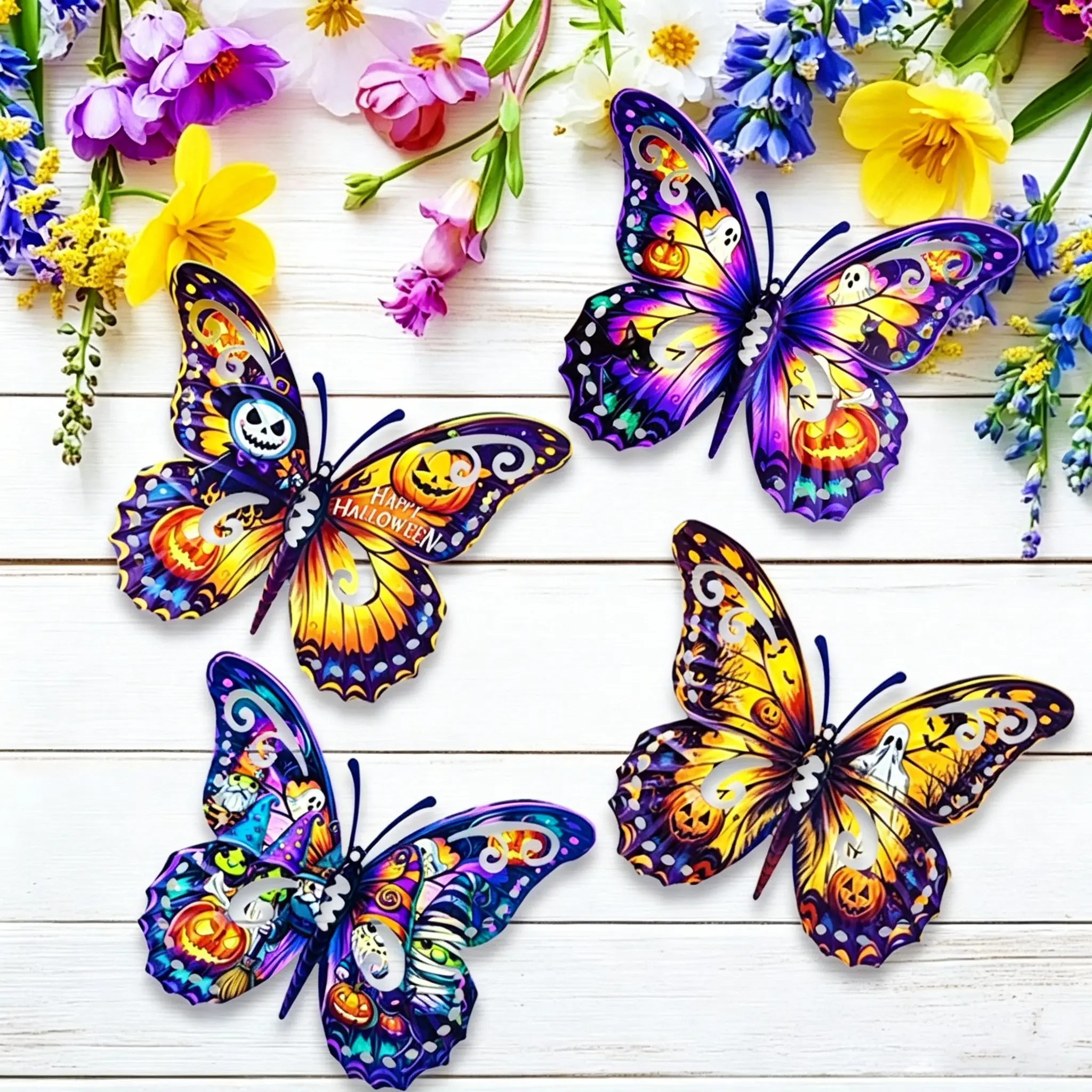 4 Pack Halloween Spooky Metal Butterfly Wall Art, Iron Butterfly Hanging Decor Ornaments, Pumpkin Ghost Skull Print, Outdoor Indoor Halloween Decorations