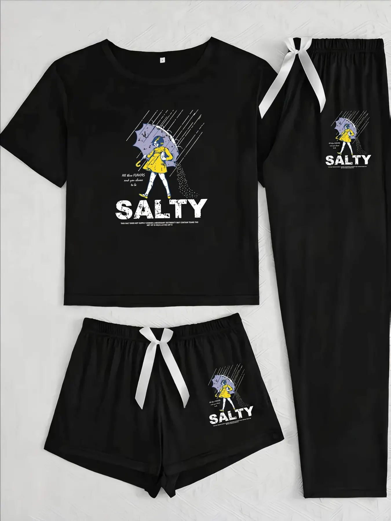 Rain Umbrella Girl Three-Piece Set, Cartoon Pattern, Loose-Fitting Casual Everyday Home Wear, All Seasons, Comfortable and Stylish, Loungewear