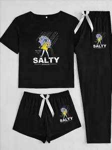 Rain Umbrella Girl Three-Piece Set, Cartoon Pattern, Loose-Fitting Casual Everyday Home Wear, All Seasons, Comfortable and Stylish, Loungewear