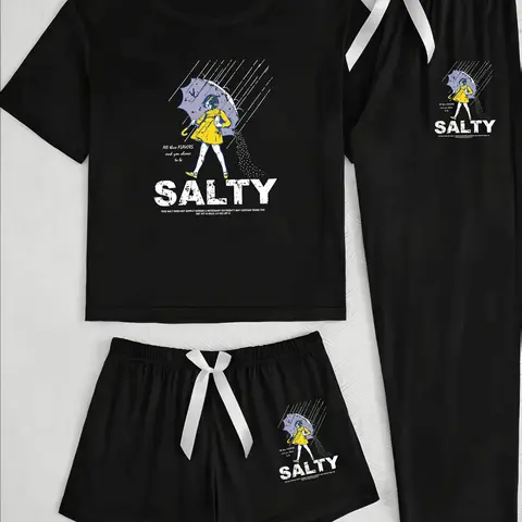 Comfortable Stylish Cartoon Pattern Loose Casual Everyday Home Wear Three-Piece Set, All Seasons Loungewear