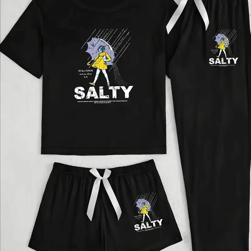 Comfortable Stylish Cartoon Pattern Loose Casual Everyday Home Wear Three-Piece Set, All Seasons Loungewear