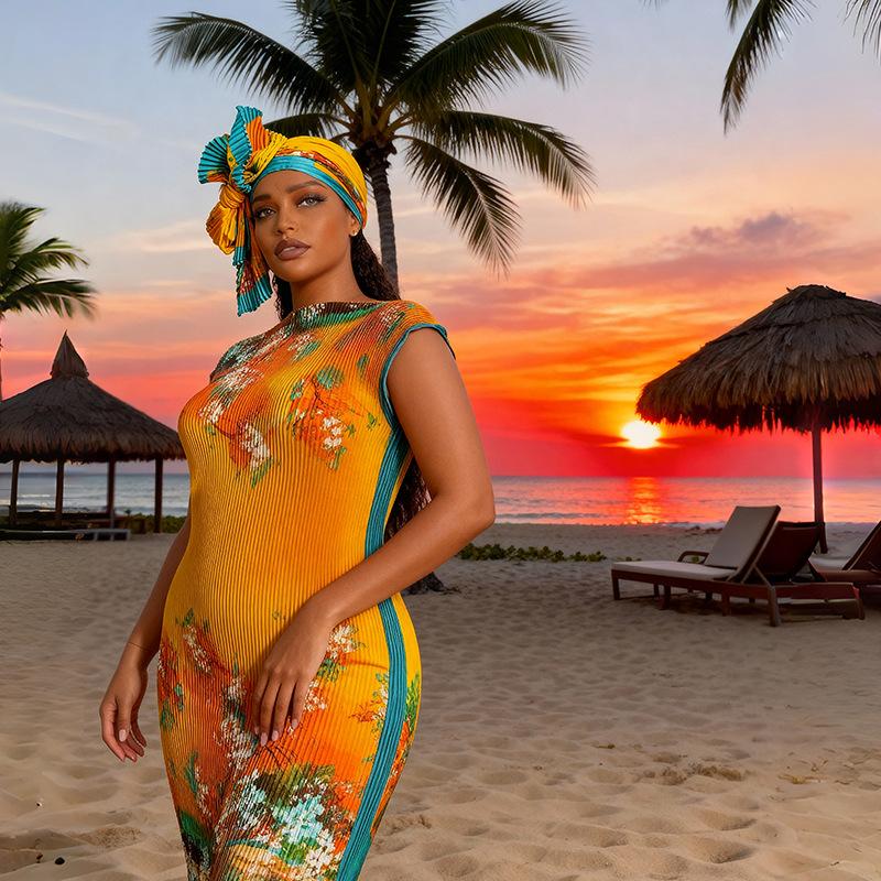 Women's Elegant Animal Print Long Dress Set, Slim-Fitting Moo Moo Skirt & Scarf, Beach Sun Protection Shawl, All Seasons Fashion, Accessory, Womenswear, Lady