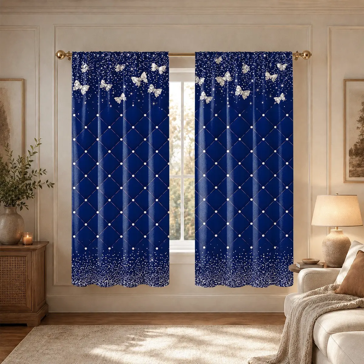Silver Butterfly Rhinestone Drapes Set, Window Drapes, 2-Piece Light Blocking Curtains, Starry Silver Powder Print, Luxury Bedroom Decor