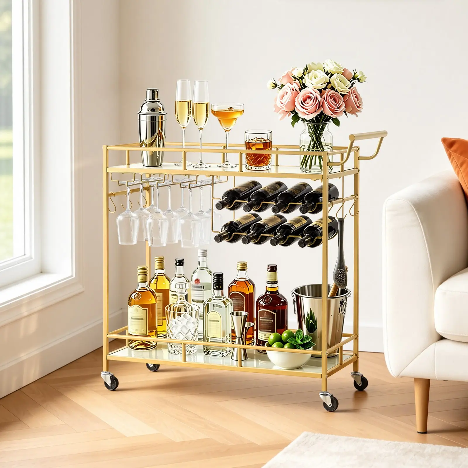 VEVOR Bar Cart, 2 Tiers Home Kitchen Serving Carts, Modern Rolling Utility Station on Wheels, Drink Beverage Trolley with Mirrored Glass Shelves, Wine Rack, Glass Holder, for Living Dining Room, Gold