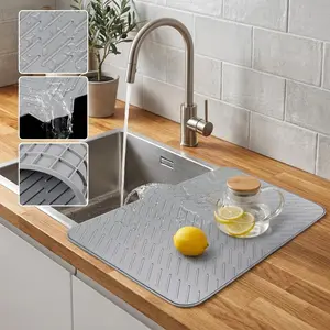 Silicone Dish Drying Mat with Built-in Drain Lip, Large Heat-Resistant Non-Slip Pad for Kitchen Countertop Protection, Fast Drying & Easy to Clean Multi-Purpose Drainer for Glassware & Cookware