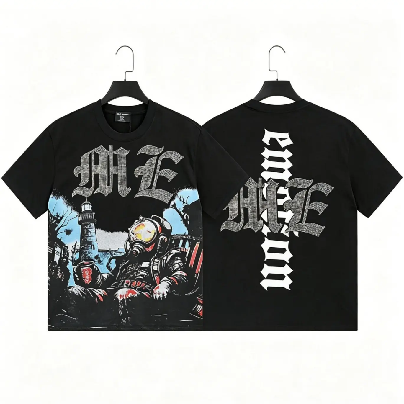 Mixed Emotion Retro Diamond Angel Graphic T-Shirt Vintage Washed Oversized Heavyweight Cotton Rhinestone Gothic Grunge Y2K Streetwear Hip Hop Crewneck Summer Men Trendy Top