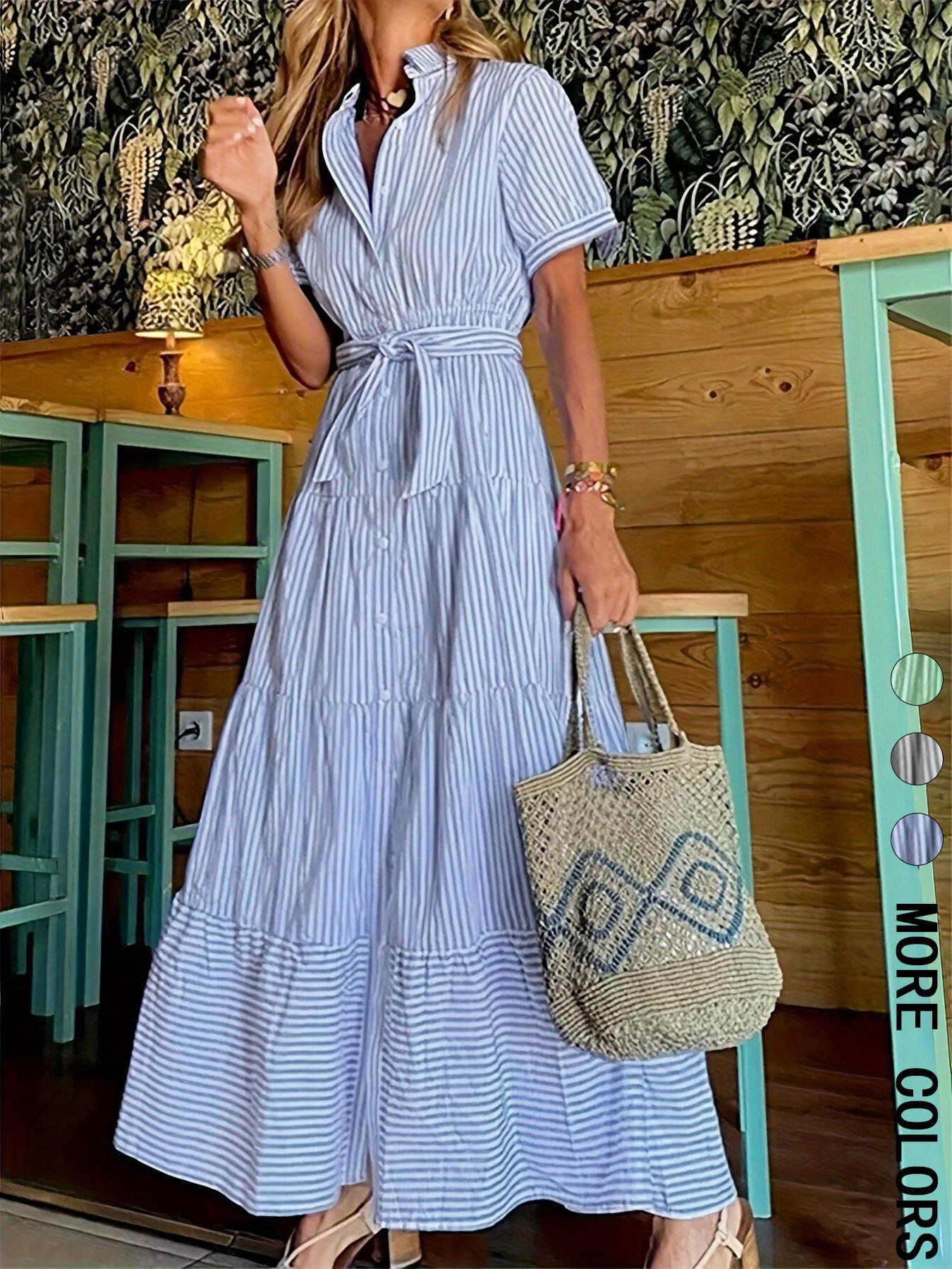 Women's Striped Print Belted, Elegant Casual  Long Dress for Summer, Women's Clothing for Daily Wear, Classy Modest Dresses