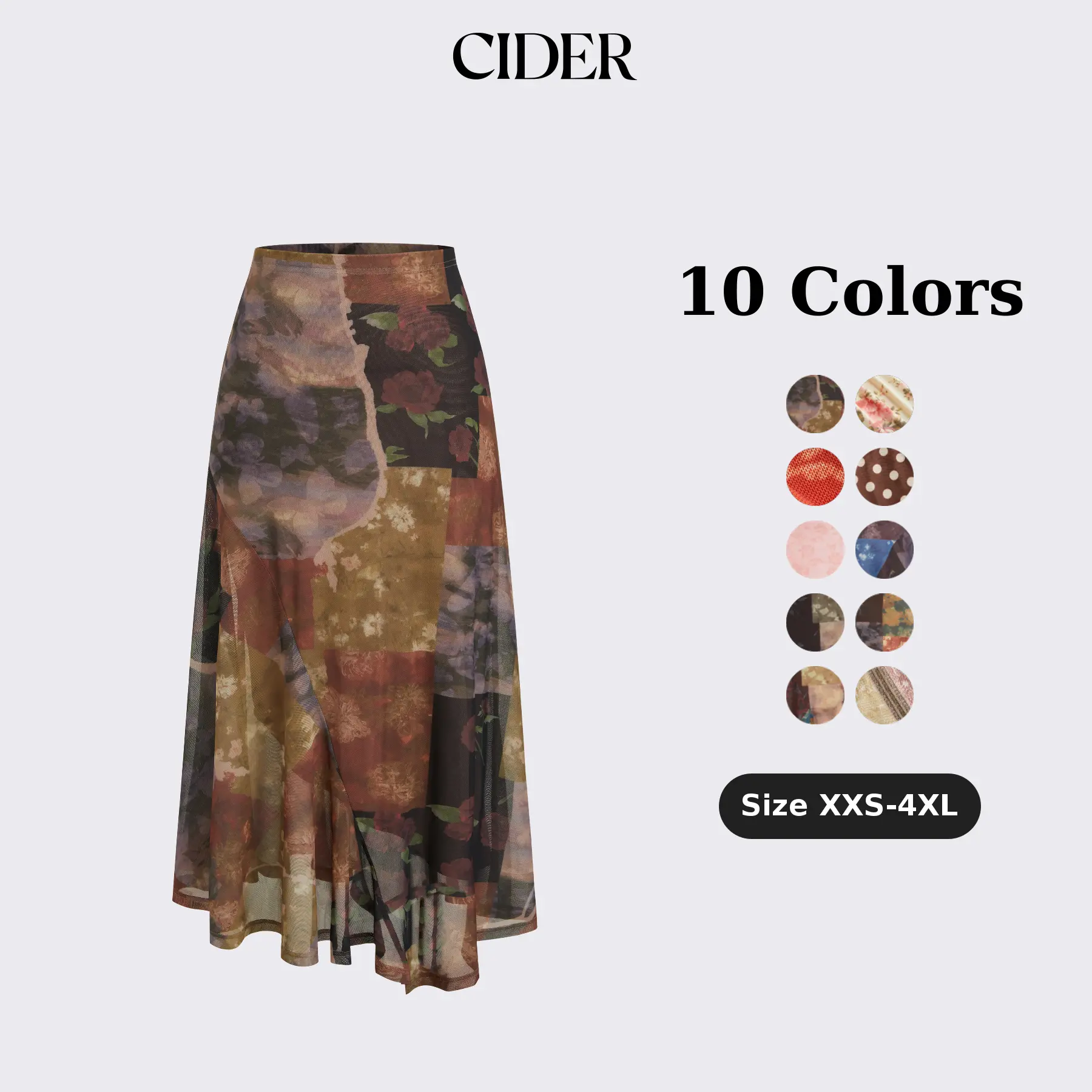 Cider Mesh Mid Rise Abstract Graphic Floral Asymmetrical Hem Maxi Skirt Cider Mesh Mid Rise Abstract Graphic Floral Asymmetrical Hem Maxi Skirt