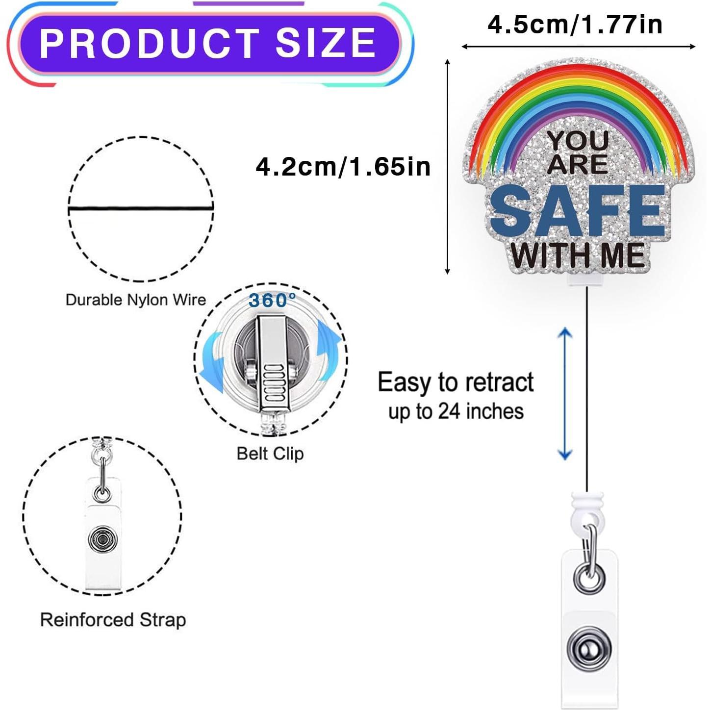 You are Safe with Me Badge Reel Retractable for Nurse   &  Worker | Funny Pride LGBTQ Rainbow ID Card Name Tag Badge Holder with  Clip & 24" Durable Nylon Cord |