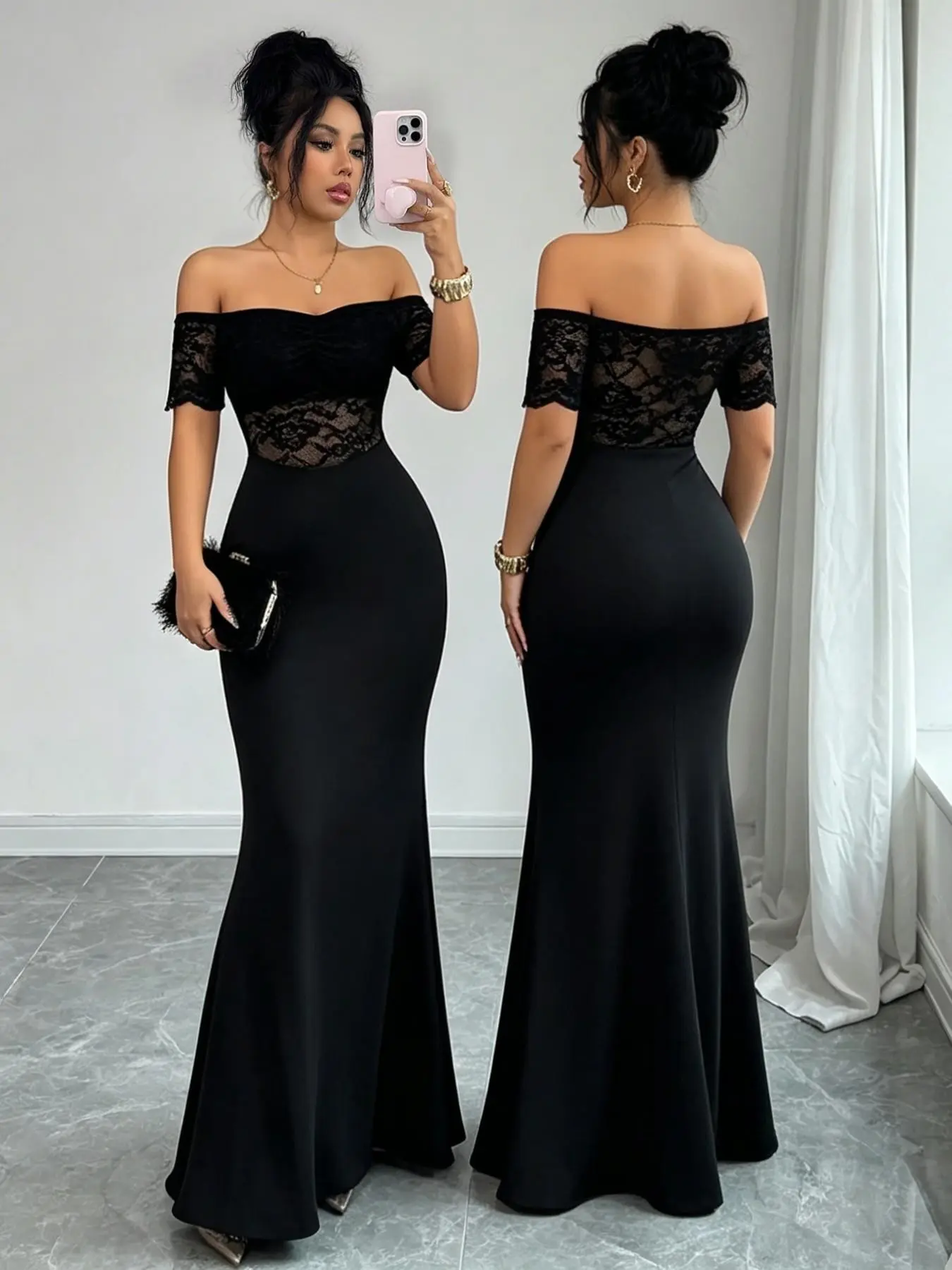 Women's Black Off-Shoulder Lace Mesh Mermaid Maxi Dress, Short Sleeve Sheer Lace Fitted Formal Evening Gown, Bodycon Cocktail Party Dress, Womenswear