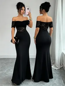 Women's Black Off-Shoulder Lace Mesh Mermaid Maxi Dress, Short Sleeve Sheer Lace Fitted Formal Evening Gown Formal Wear, Bodycon Cocktail Party Dress Chic Elegant, Perfect for banquets, dinner parties, anniversaries and dates, Womenswear