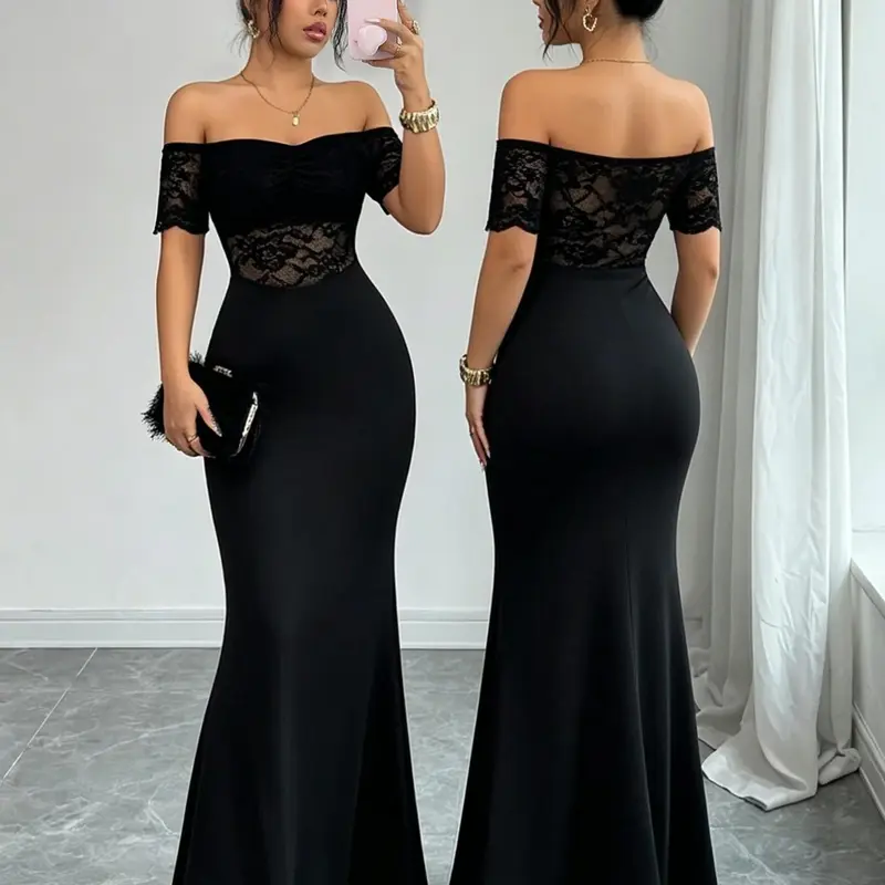 Women's Black Off-Shoulder Lace Mesh Mermaid Maxi Dress, Fish Tail Dress, Short Sleeve Sheer Lace Fitted Formal Evening Gown, Bodycon Cocktail Party Dress, Womenswear, Fishtail Dress