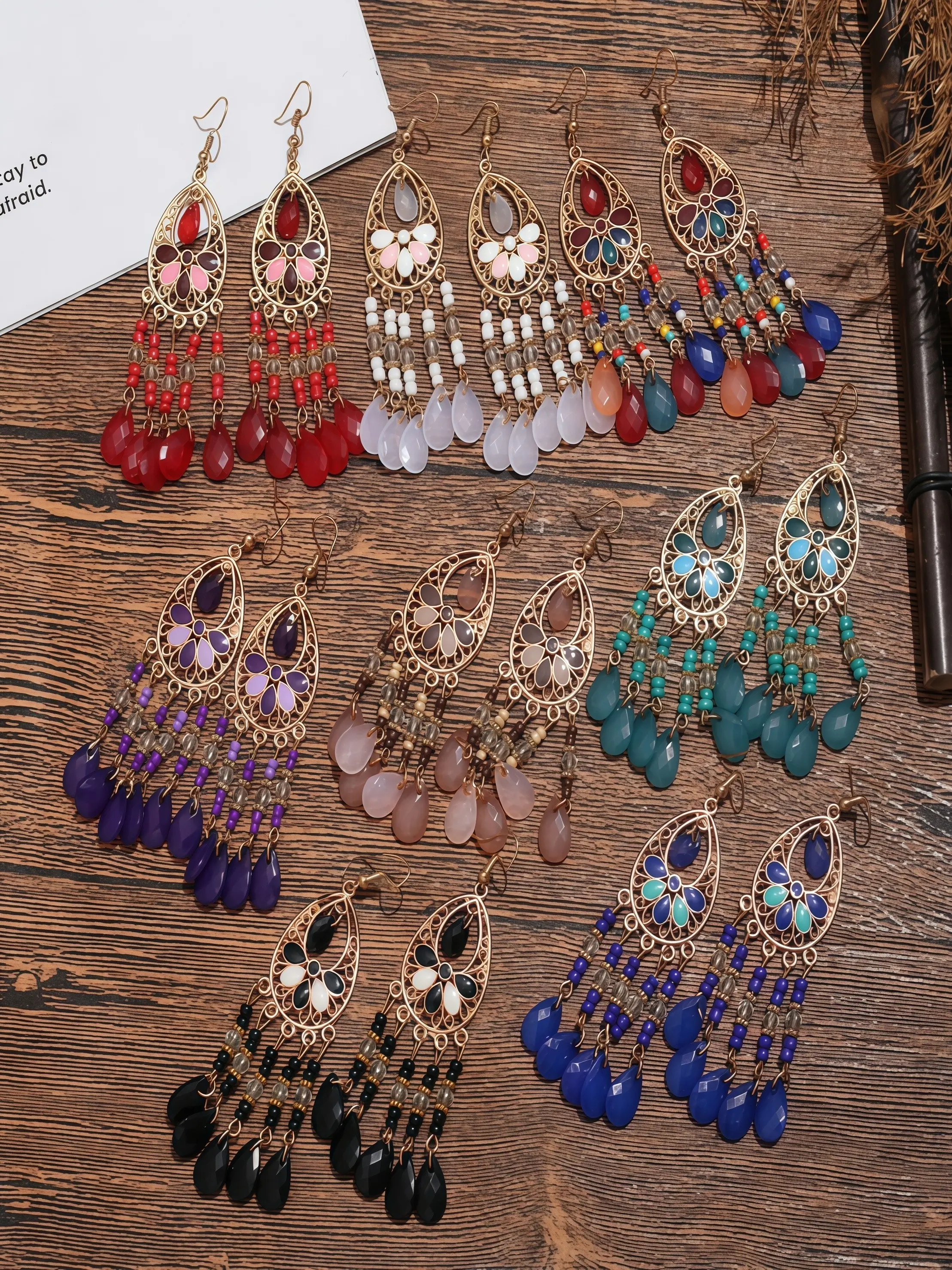 16 Pcs Boho Long Dangle Earrings, Vintage Ethnic Beaded Ear Cuffs, Exotic Vacation Photo Atmosphere Jewelry, Alloy Material, All over Print