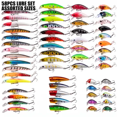 Fall Mixed Mini Fishing Lure Set, Fishing Lures Kit, 58pcs/set Mini Lures with Hook, Tackle Stuff, Fishing Gear Supplies, Fishing Accessories for Outdoor Fishing, Outdoor Recreation Equipment, Tackle Supplies