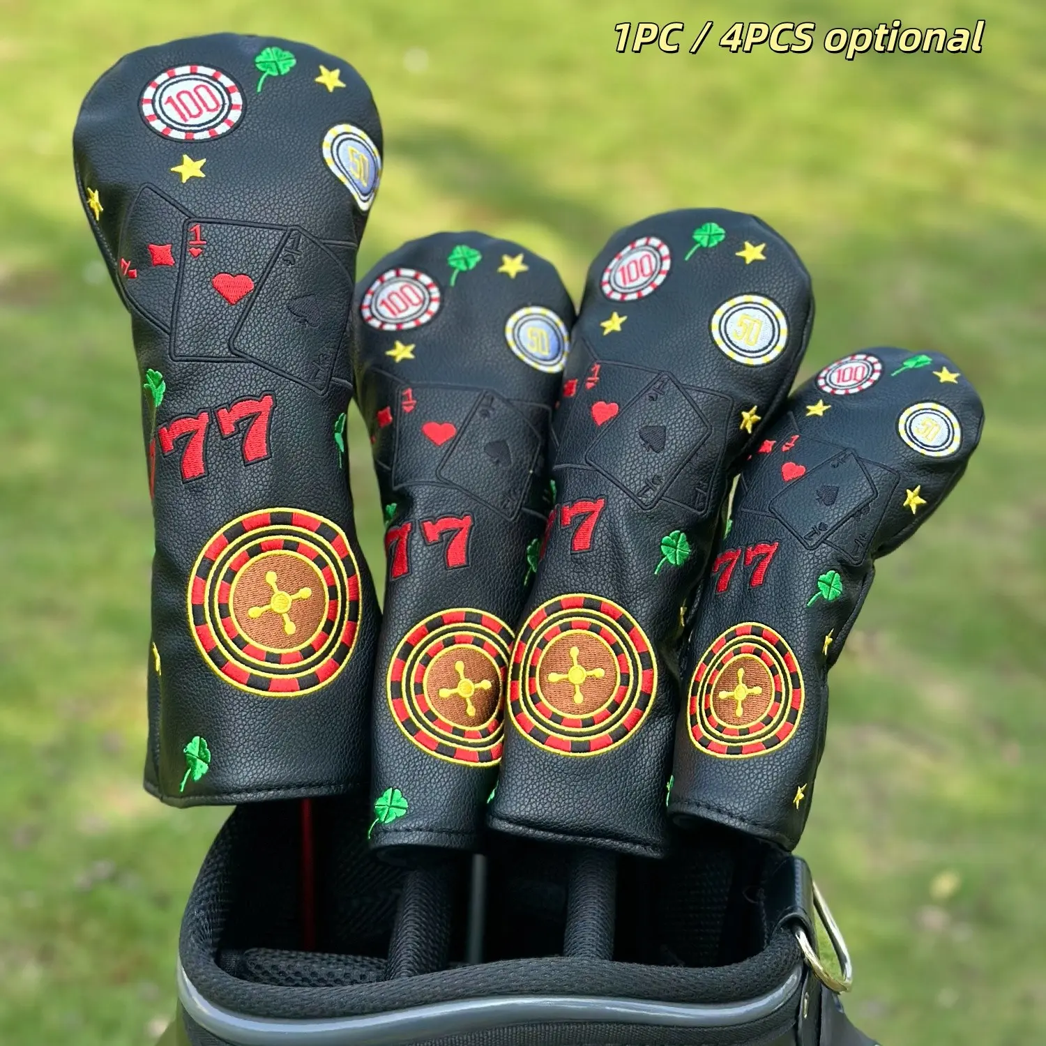 Playing Cards Fun Elements Golf Club Cover, Fashionable Golf Head Cover, 4pcs Driver/fairway/hybrid Headcovers, Suitable for Most Brands, Golf Accessory, Golf Supply