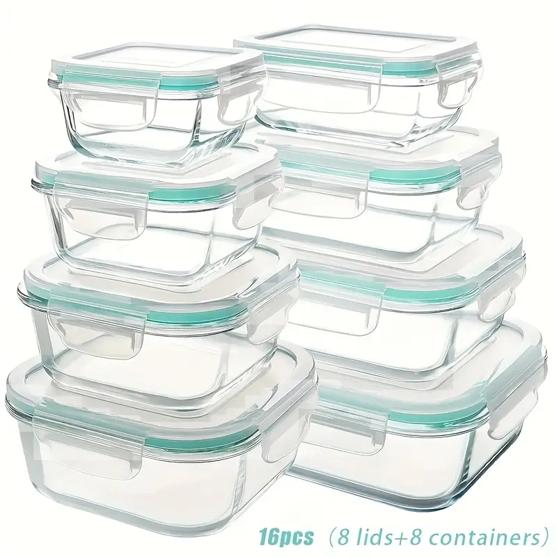 8Pcs Glass Food Storage Preserving Containers Airtight Lunch Boxes Microwave Oven Safe with Lids for Salad Fruit Vegetables Sandwiches Leakproof Reusable Food Storage Containers Set
