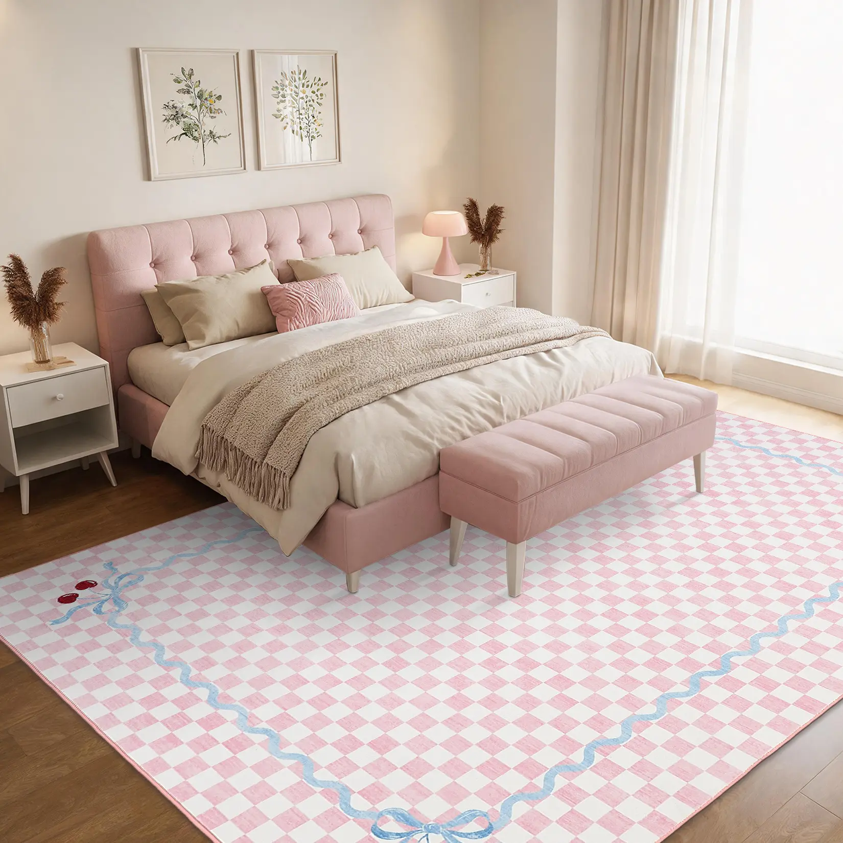 Faux Wool Cherry Checker Pattern Area Rug - Fluffy, Soft, Washable, Non-Slip, Low-Pile - 5x7ft & 10x13ft - for Living Room Decor, Bedroom