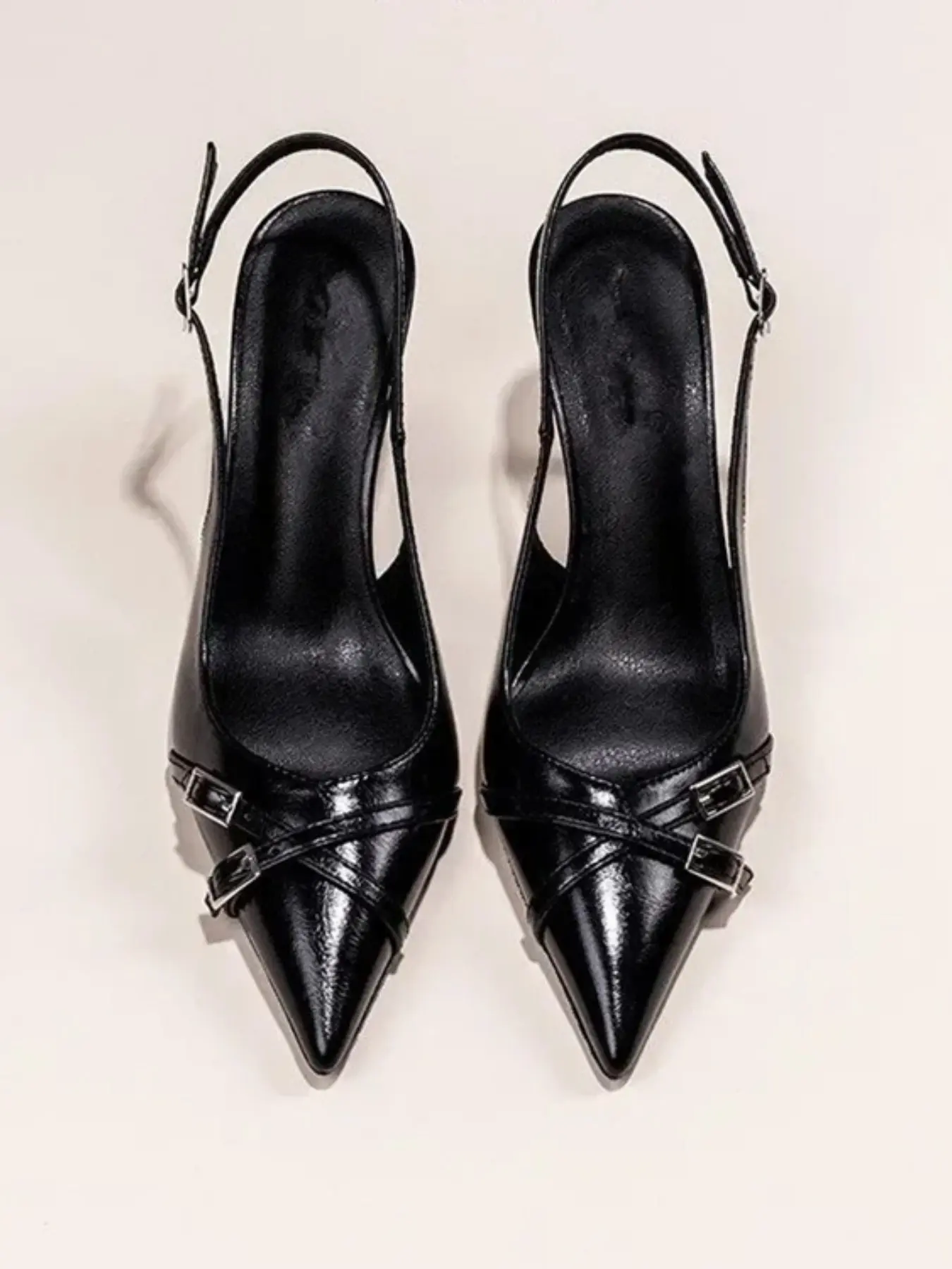 Women Crisscross Double Buckle Pointed Toe Slingback Stiletto Heels Classic Trendy Glossy Adjustable Back Strap Backless Pumps Elegant Office Dating Dinner Wedding Guest Outfits 1 Color Black