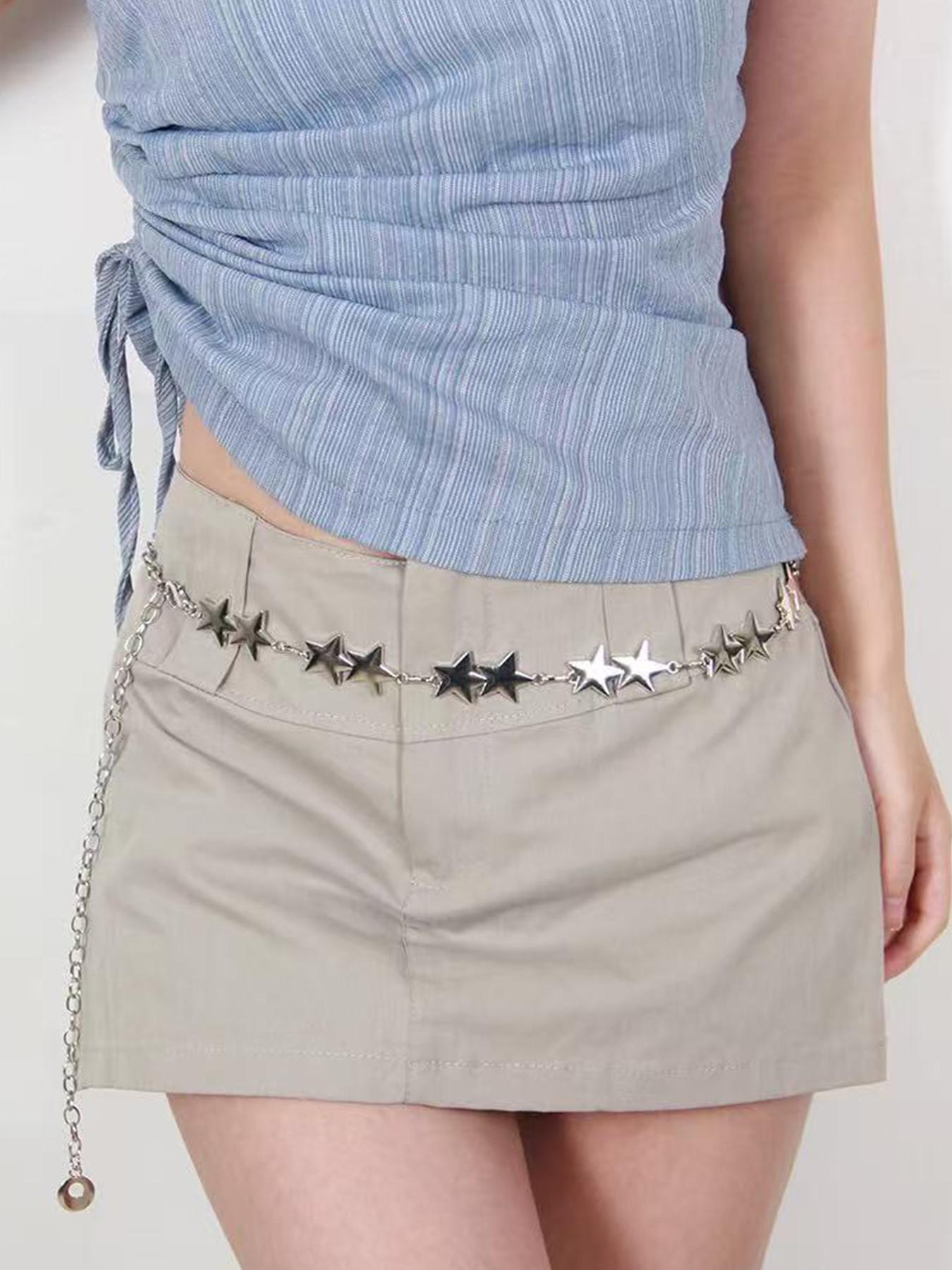 Silver Star Chain Belt Western Metal Belt for Women Punk Chain Belts for Dresses Jeans Waist Chain Belt Y2k Emo Body Jewelry Star Decorated Belt