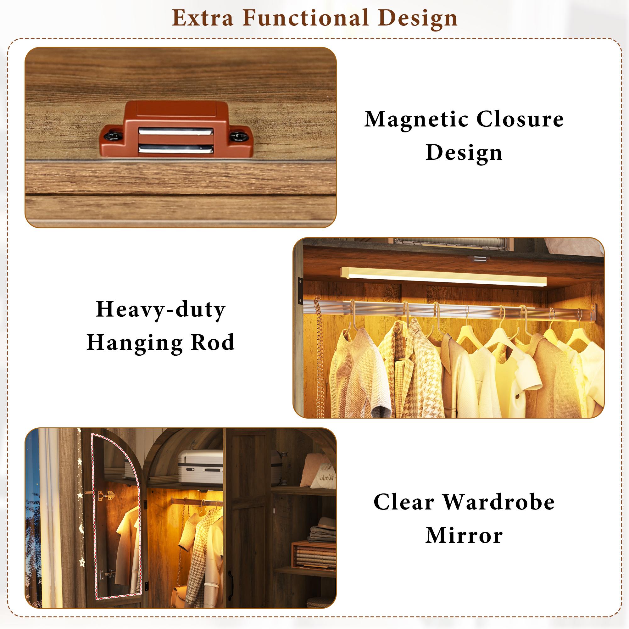 3 Doors Armoire Wardrobe Closet with Mirror and Lights, 71" Farmhouse Arched Wooden Wardrobe Cabinet with 2 Drawers,Hanging Rod, Clothing Storage Closet Cabinet for Bedroom,Light Rustic Oak/Black 3 Doors Armoire Wardrobe Closet with Mirror and Lights, 71" Farmhouse Arched Wooden Wardrobe Cabinet with 2 Drawers,Hanging Rod, Clothing Storage Closet Cabinet for Bedroom,Light Rustic Oak/Black