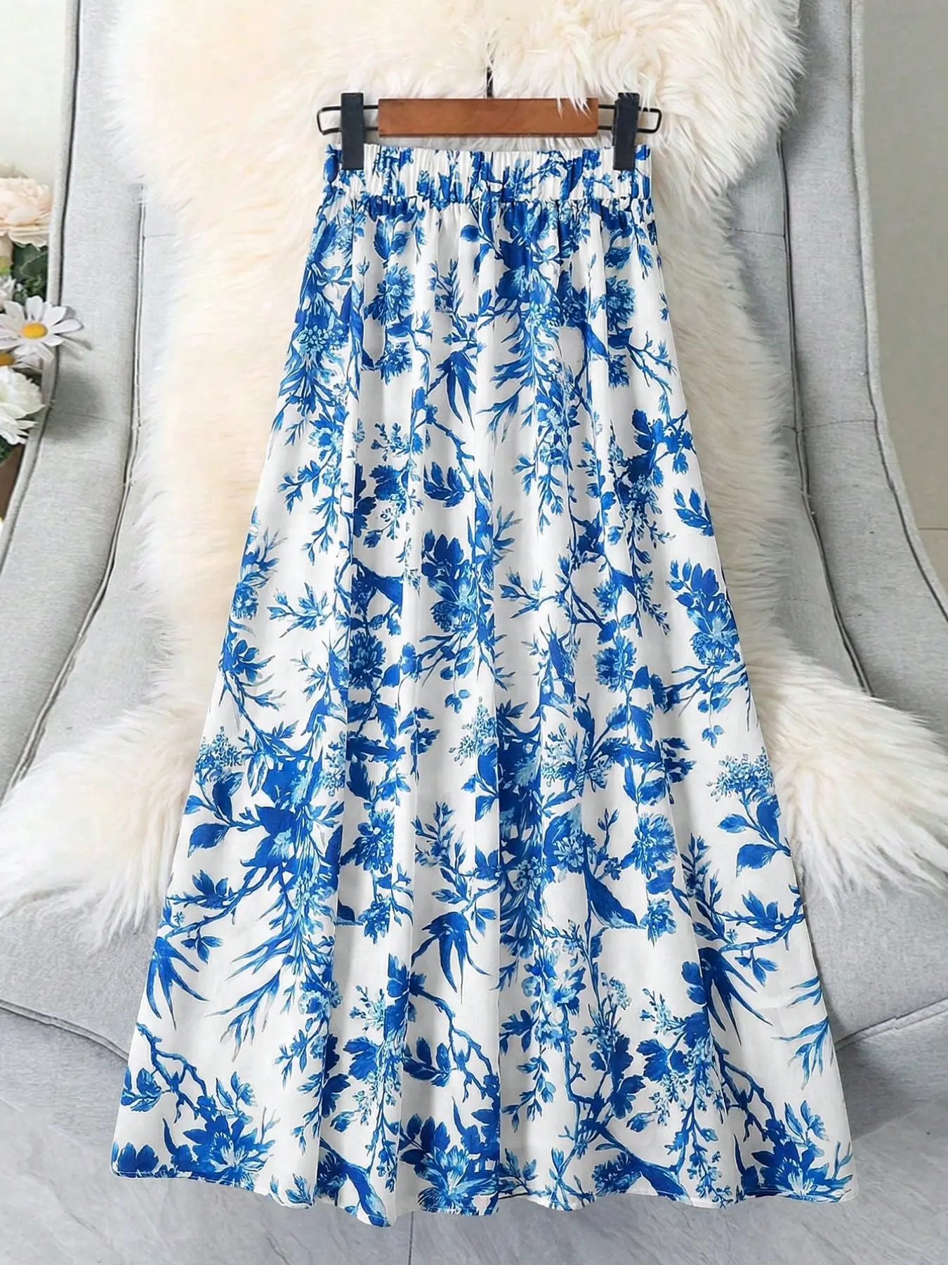 Women's Plus Size Long Printed Skirt, Elastic Waist Design, Casual Non-Elastic Fabric, Comfortable and Stylish Bottoms for Everyday Wear