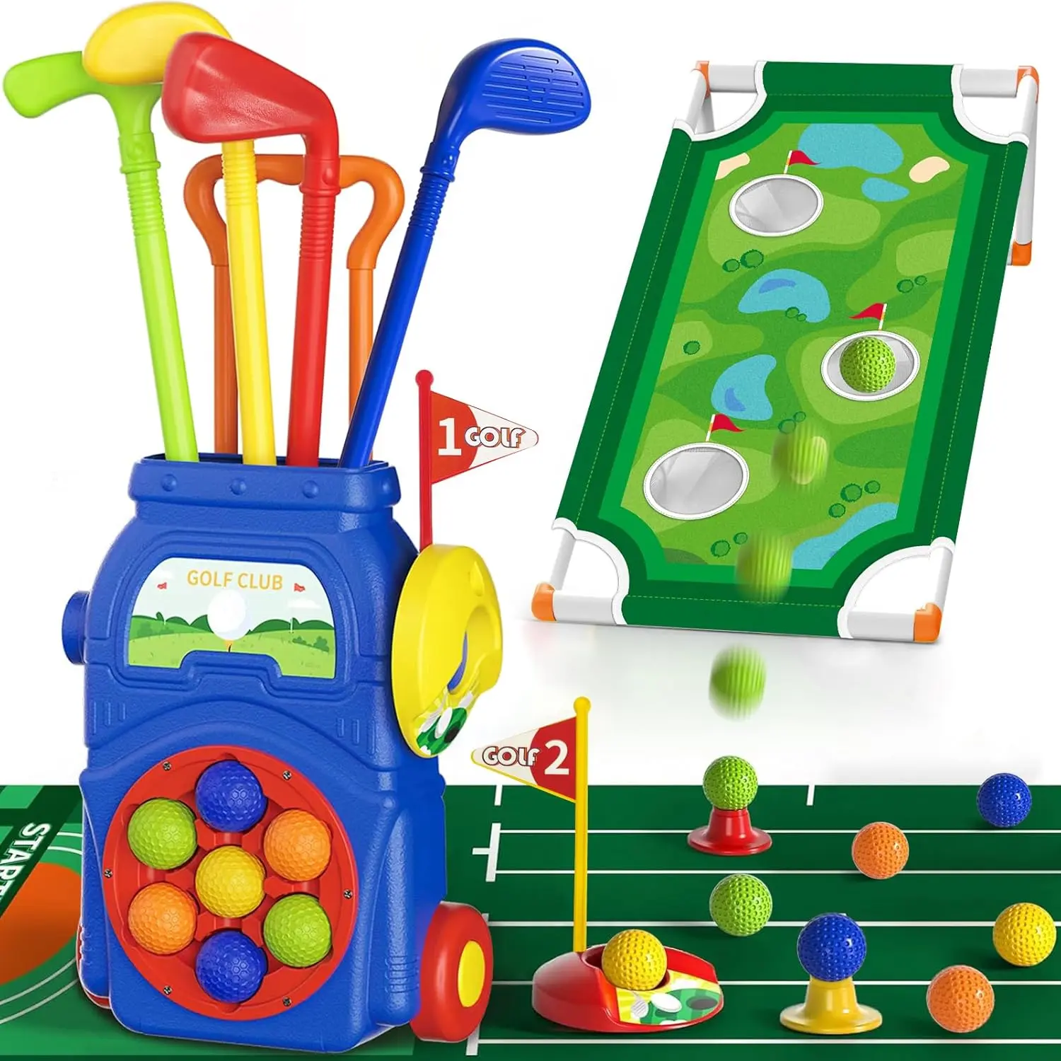 Toddler Golf Set with Putting Mat & Cornhole Board, Kids Golf Clubs 3-5 Years Old with 10 Balls, 4 Clubs, 2 Holes & Cart, Indoor Outdoor Toddler Sports Toys