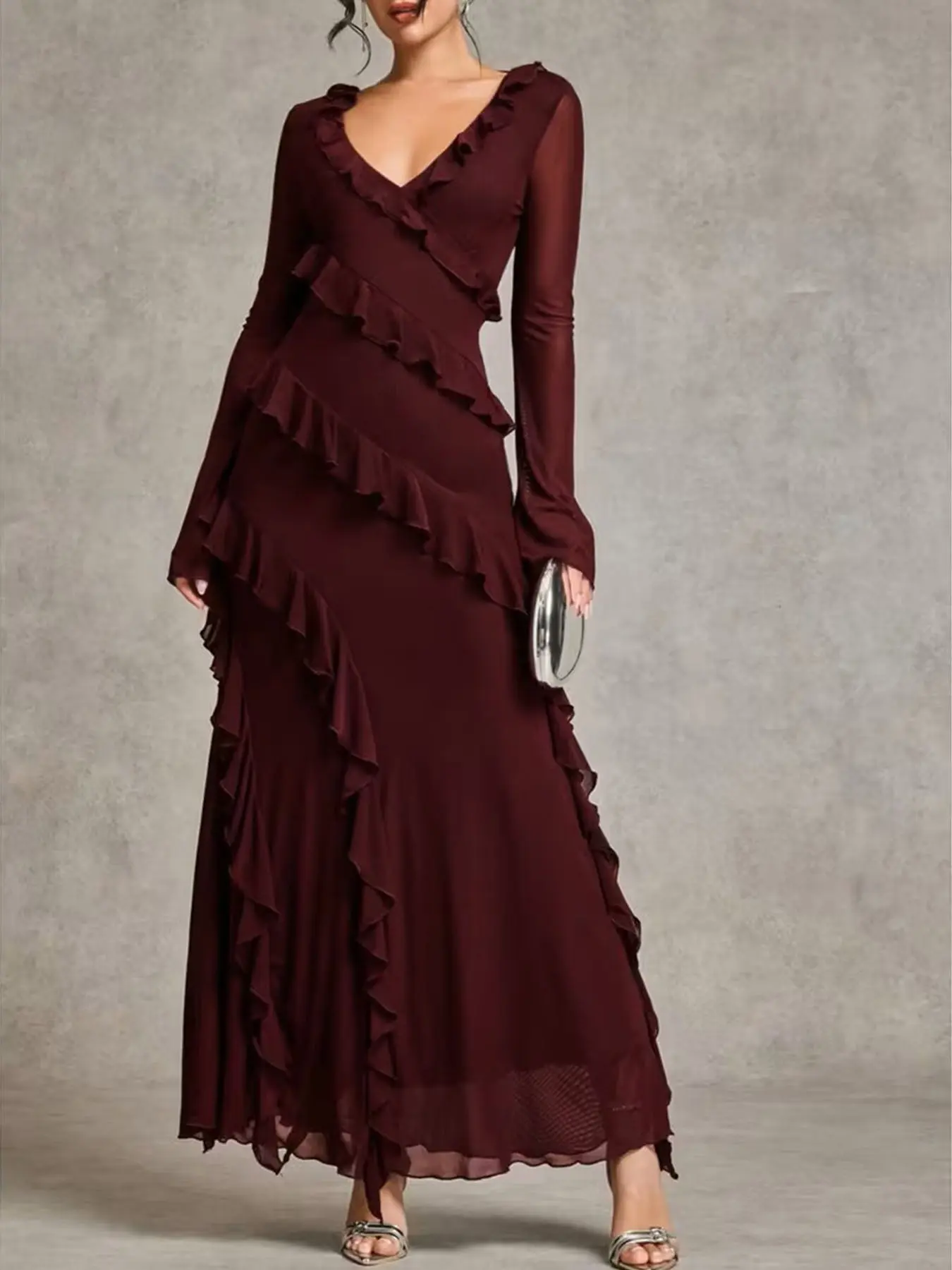 Elegant Plus Size Evening Gown, Asymmetrical Solid Color Long Sleeve Dress, Fashionable Slimming Long Skirt for Women, Stylish Party Wear Fit