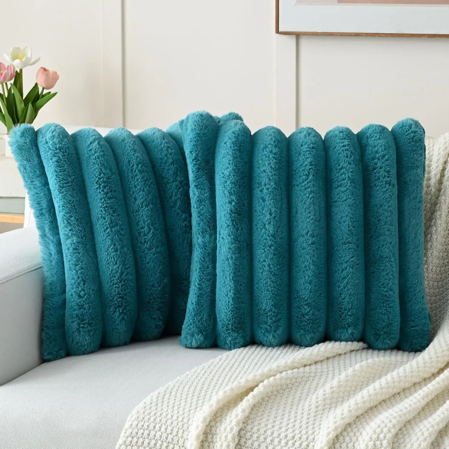 2 Pillow Covers 18x18 Inch, Faux Fur Decorative Couch Throw Pillows Soft Striped Plush Cushion Covers Home Decor Cute Furry Pillowcase for Living Room Sofa Bed, Teal (Covers Only)