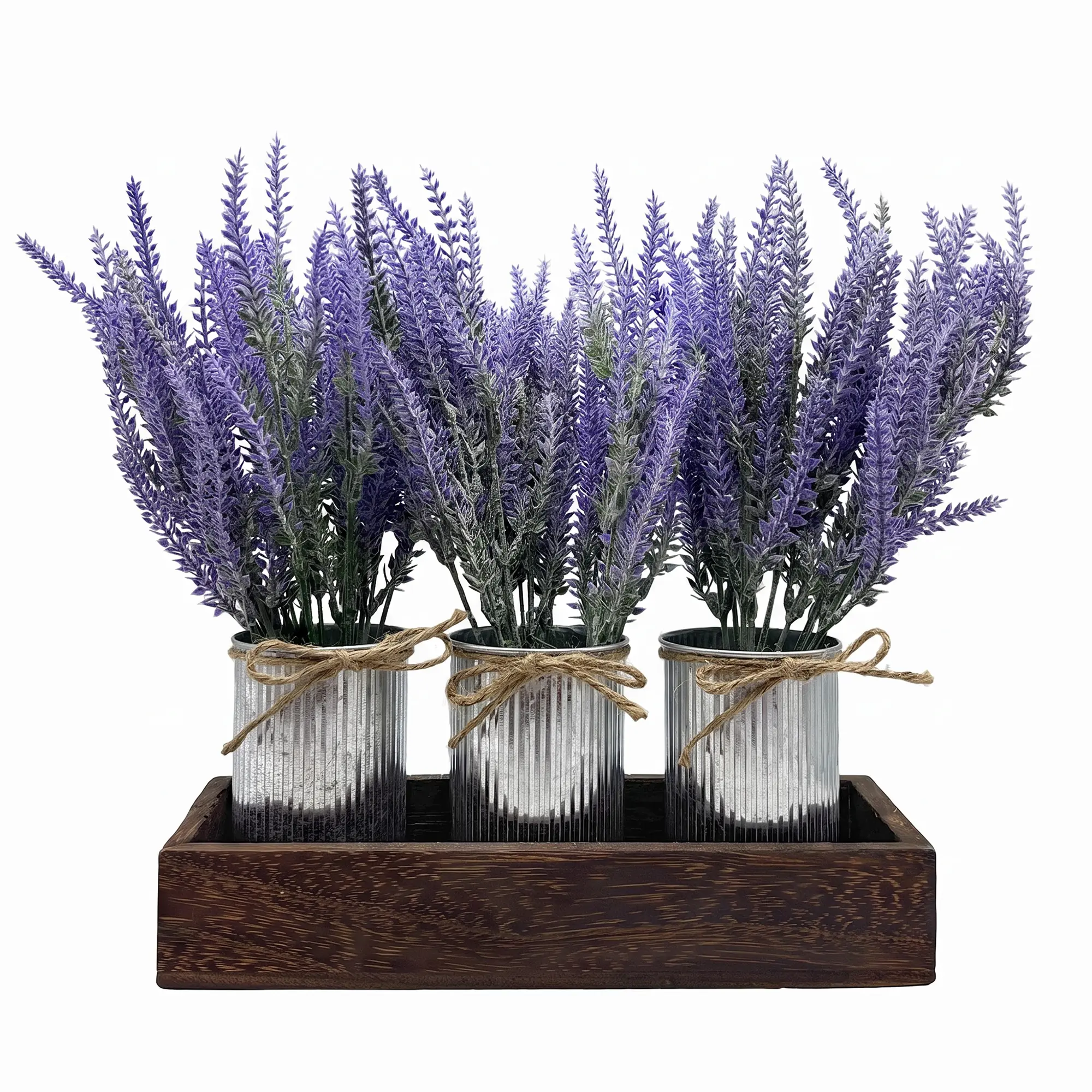 3-Piece Artificial Lavender Flowers Set with Wood Tray & Galvanized Buckets, Rustic Farmhouse Table Centerpiece for Dining Room & Office