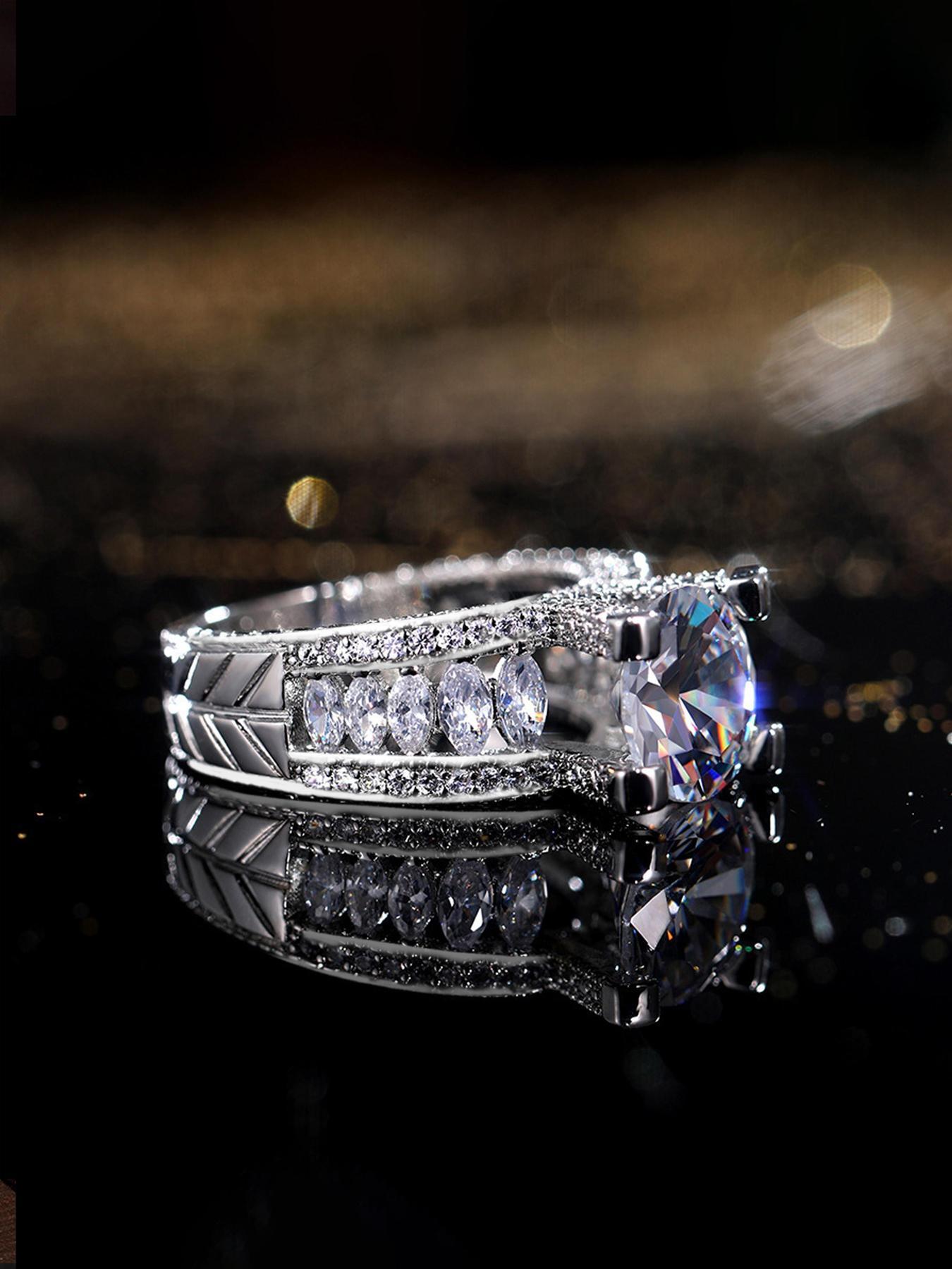 Artificial Sparkling Zircon Inlay Decorated Elegant Exaggerated Ring Jewelry for Women for Party, Daily Clothing Decor, Trendy All-match & Exquisite Jewelry for Birthday Gift Elegant Glittering Ring Artificial Gemstone Ring