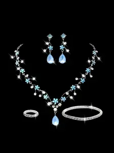 3-piece Starry Sky Lily Blue Water Diamond Starry Sky Jewelry Set, Elegant Women's Cool Clavicular Chain Jewelry Set (1 necklace+2 earrings)