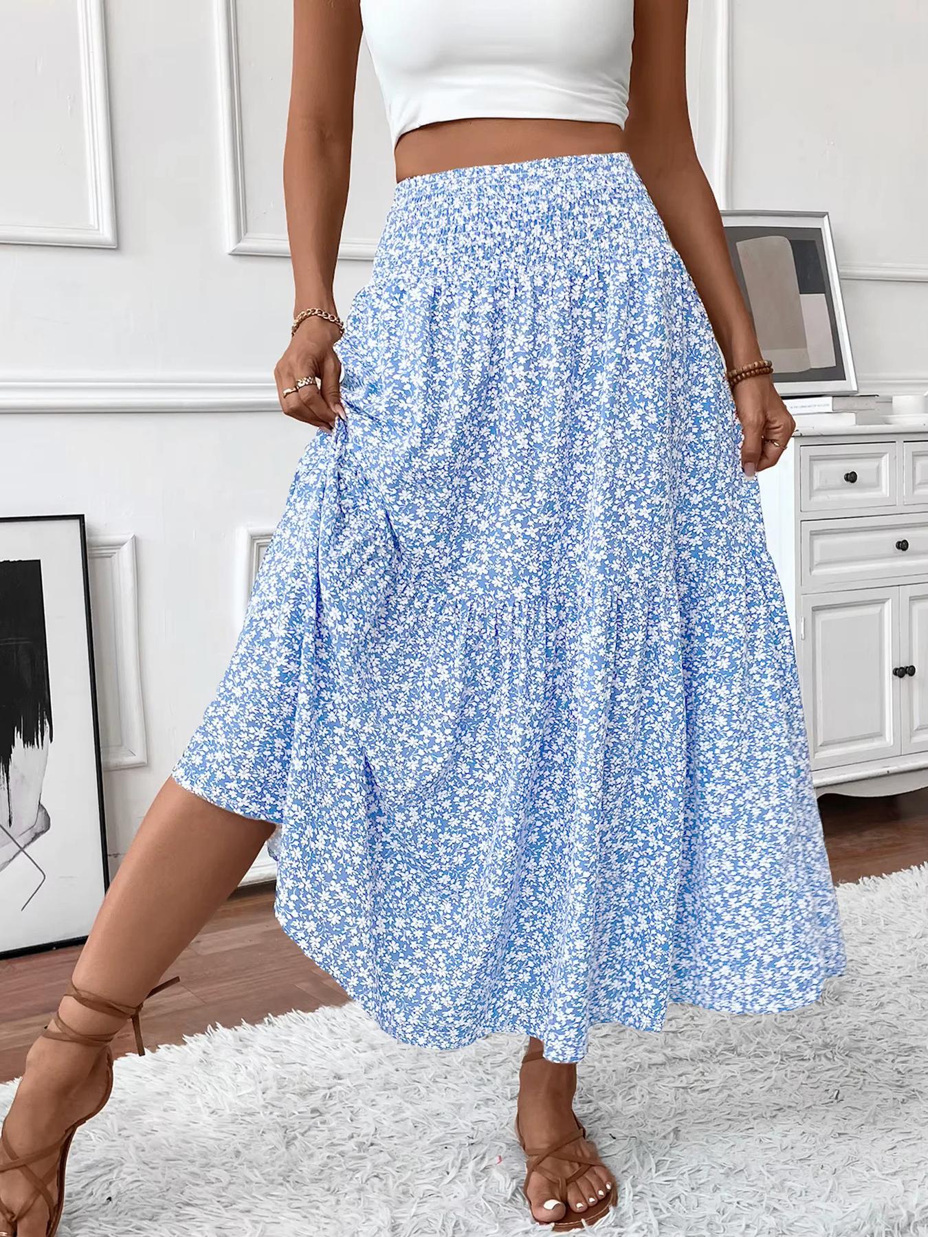 Women's Ditsy Floral Print A Line Ruffle Hem Skirt, Boho Fashion Casual Skirt for Daily Holiday Vacation Wear, Ladies Bottoms for Summer