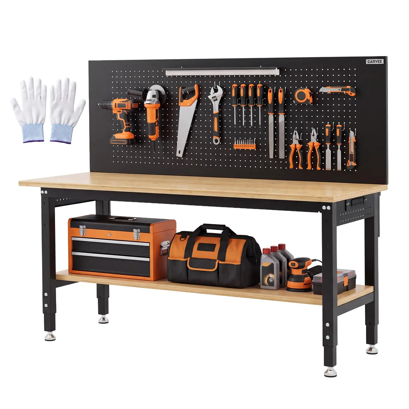 60" x 22" / 48" x 24" Heavy Duty Garage Workbench with Storage, Pegboard & Power Strip – 2000 lbs Capacity, Adjustable Height Work Table with LED Light & ETL Outlets for Workshop
