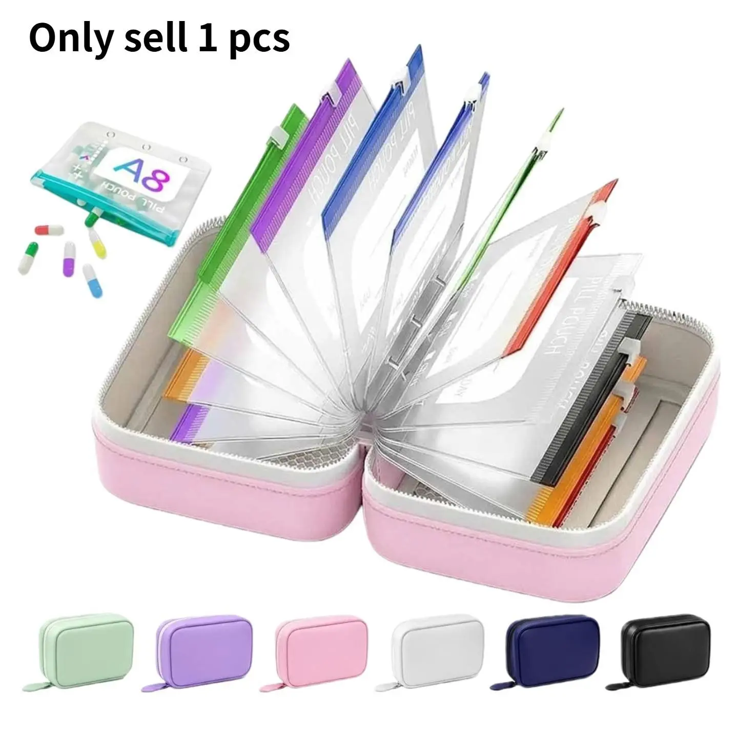 Waterproof Pill Organizer and Pouch Set, Travel Medicine Organizer with 14 Color-Coded Pouches, Leakproof Reusable Zippered Storage Case, Compact Daily Pill Holder, Portable Vitamin Organizer