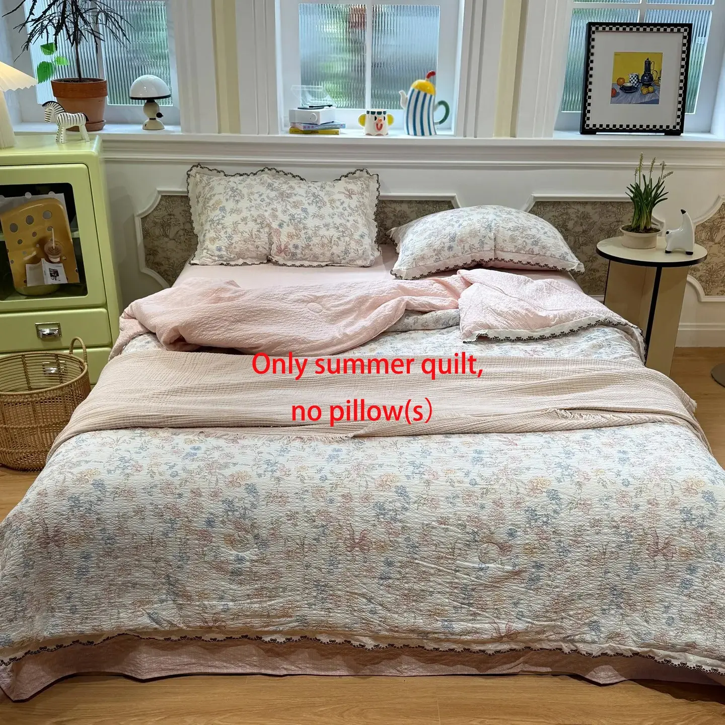 Butterfly Floral Print Summer Quilt, Ruffled Design, Breathable Soft Polyester, Lightweight Cool, All-Season, Single/double, Multiple Sizes