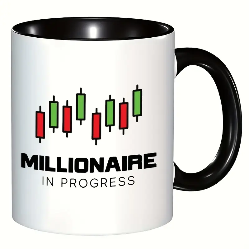 11oz Modern Ceramic Single Mug - "Millionaire on The Road" Stock Trader Coffee Mug, White Background with Green-Red Chart Designs, Dishwasher Safe, Large Handle Black Drinkware for Day Traders
