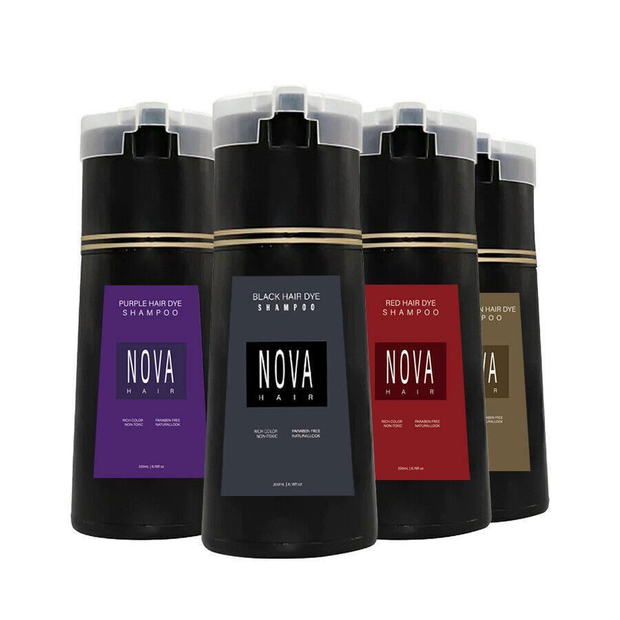 Nova Hair Instant Dye Shampoo - Safe Natural Haircare Solution for At-Home Use, Gray Coverage, Scalp Nourishment, Purple-Black Color for All Types