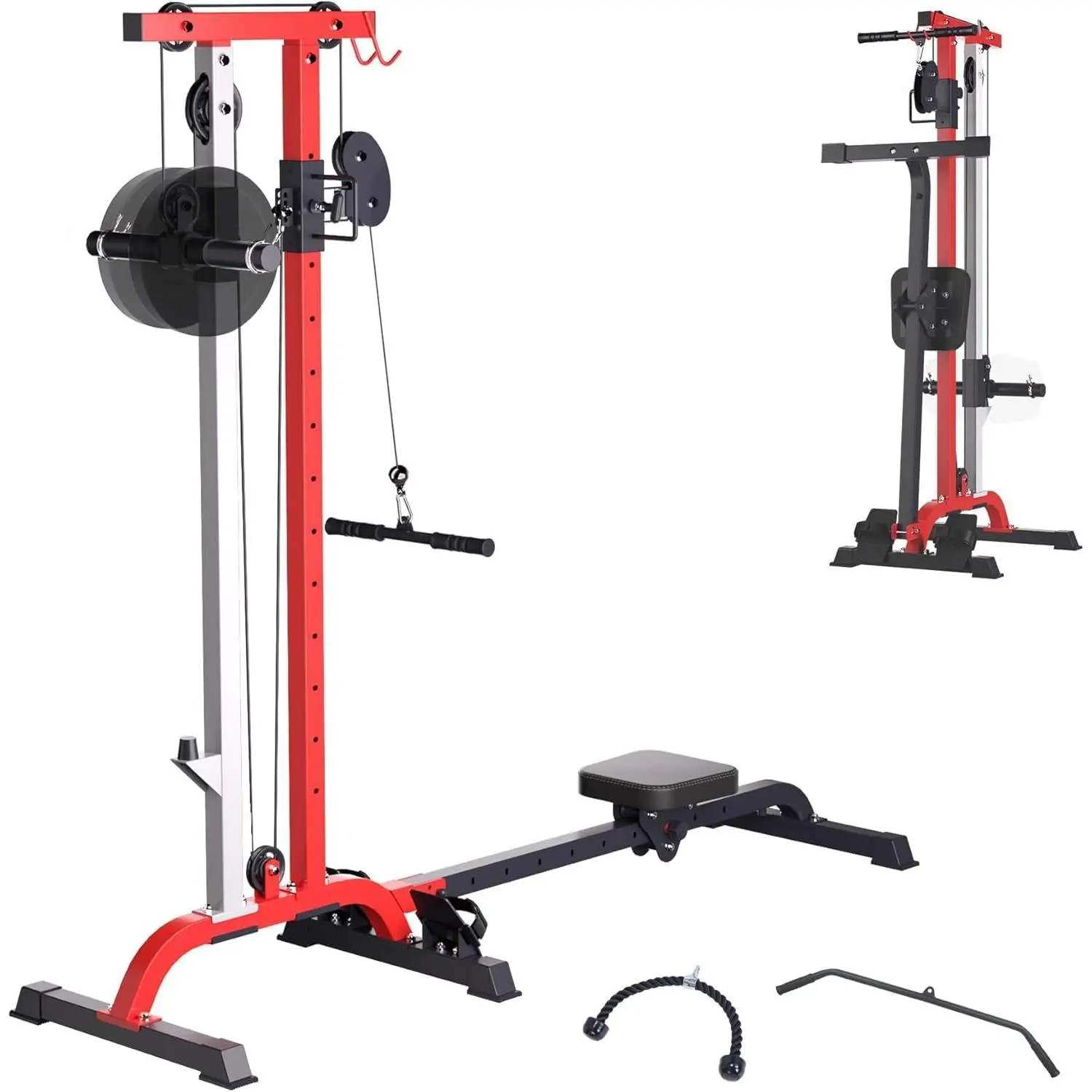2-in-1 Compact Strength Training Rowing & Cable Machine - Adjustable Weight, Seat, High/Low Pulleys, LAT Pull Down, LAT Bar, Cable Bar - Black & Red Home Gym Equipment