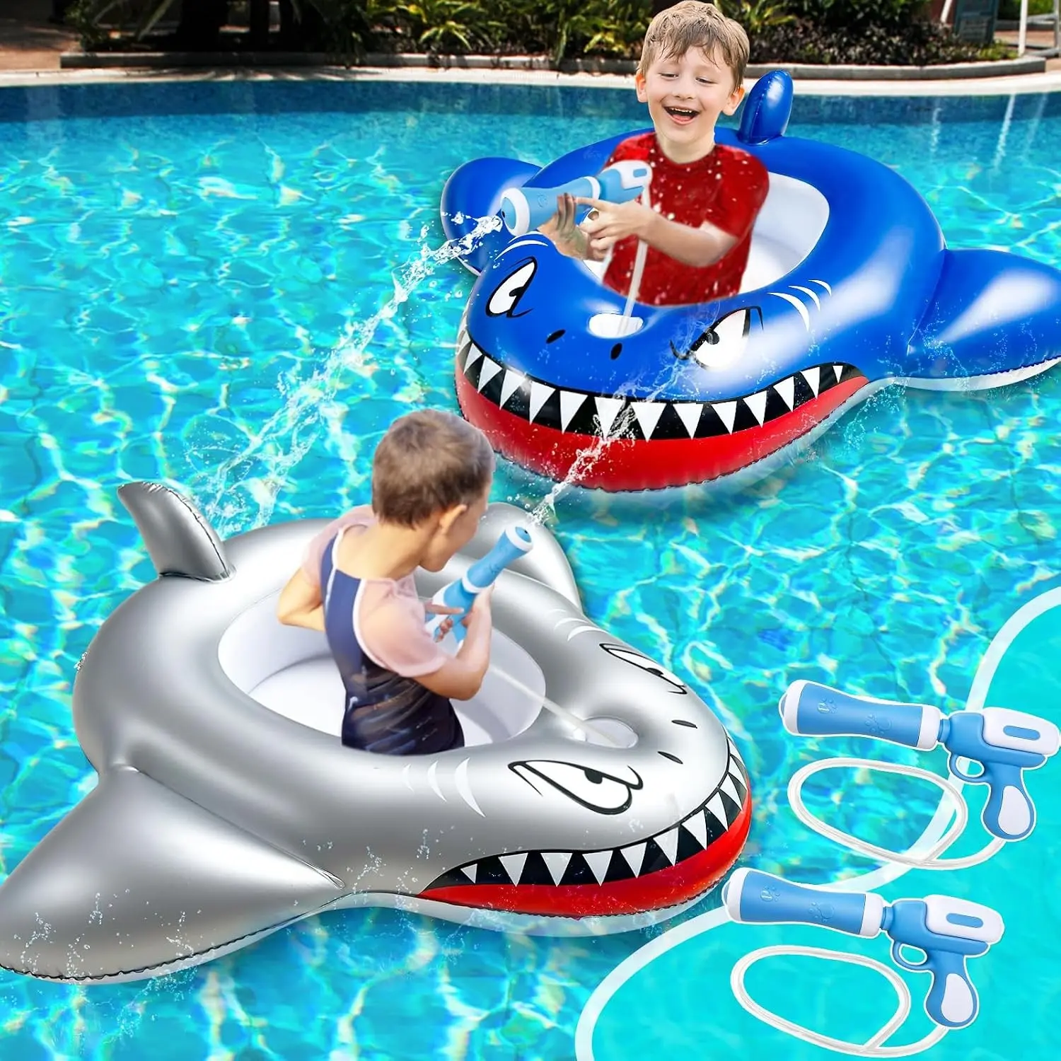 2 Pack Inflatable Shark Pool Floats for Kids Ages 3-11 with 2 Water Squirt Guns, Ride-On Toddler Floaties with Safety Seat, Summer Outdoor Pool Toys for Boys and Girls(Gift)