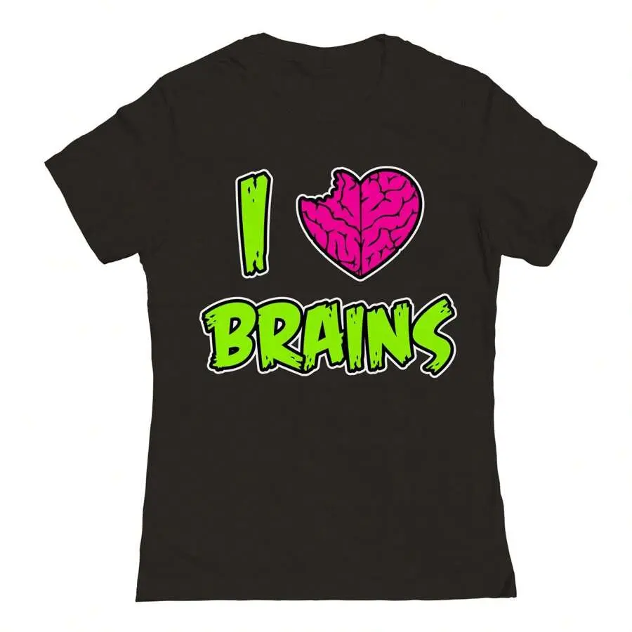 Women's Cotton Fabric Round Neck Short-Sleeve Casual Sports Top - Nearly There I Heart Brains Graphic White T-1-Black Shirt