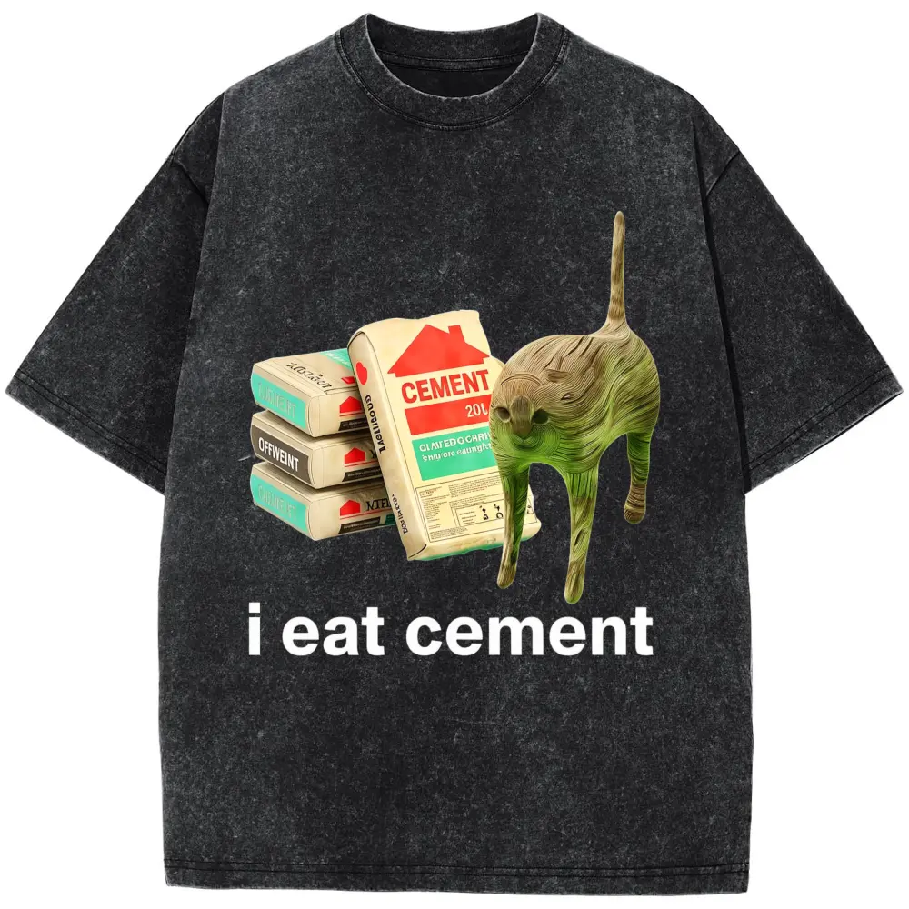 I Eat Cement Cursed Cat Funny Meme T Shirt for Men Women Fashion Casual Short Sleeve T Shirts Male Oversized Cotton T-shirt TopsPlus Size T-Shirt, Retro Fitness Heavyweight Washed T-Shirt, 100% Cotton