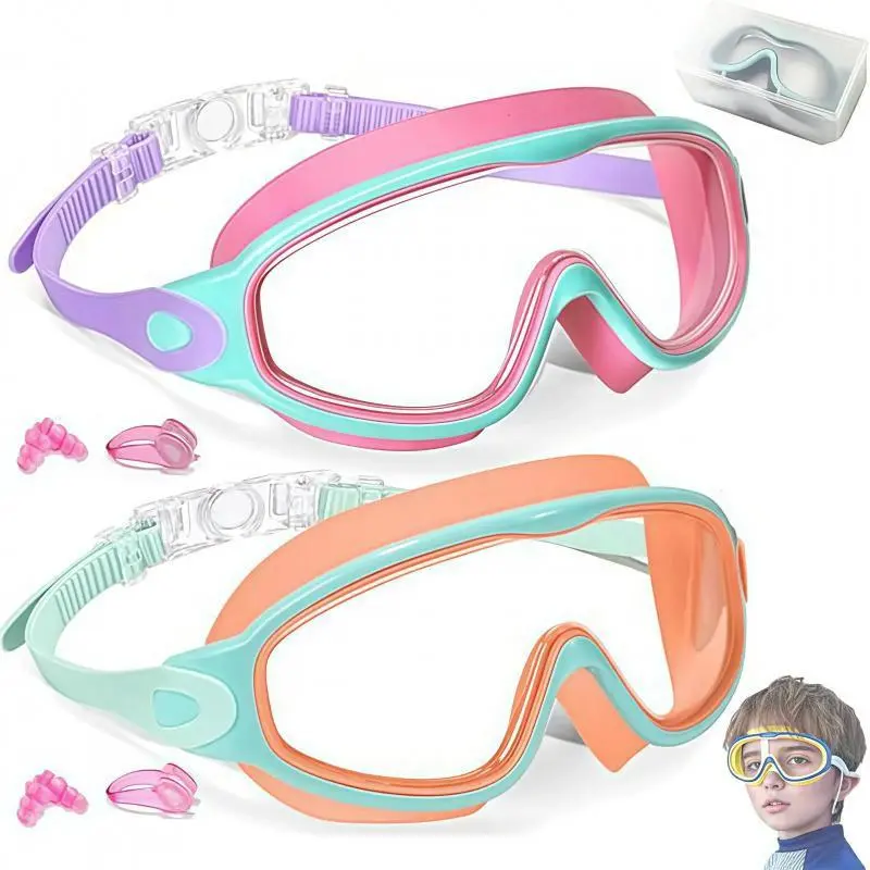 Swim Goggles Set, UV Protection Anti-Fog Clear Waterproof Adjustable, Unisex Swimming Glasses with Nose Clip and Ear Plugs