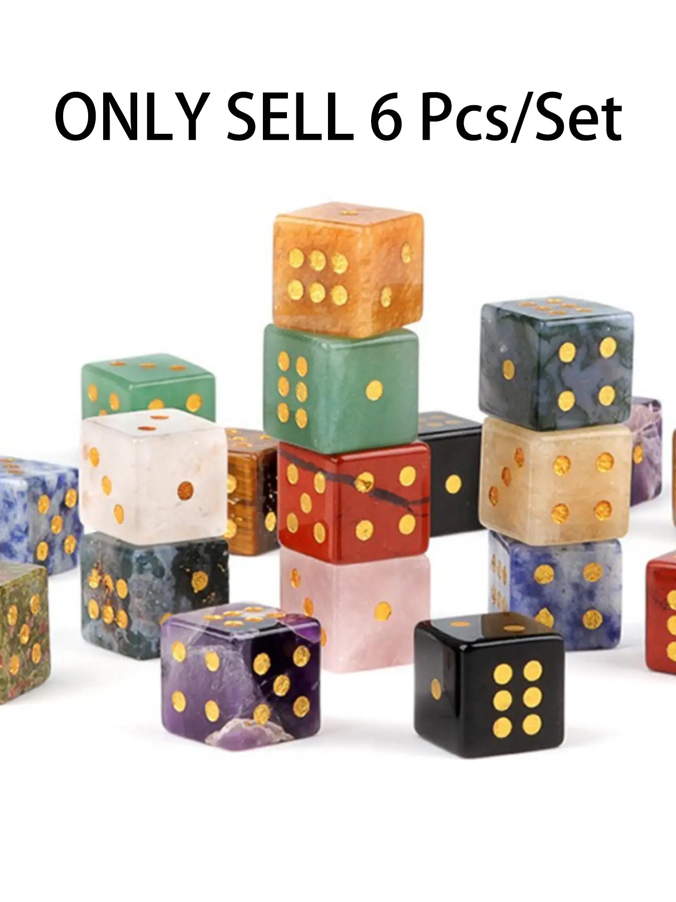 6pcs/set Natural Mixed Crystal Stone Dice, Dot, 6 Sided Chakra Healing Gemstone, Divination Board Game Accessory, Decor Gift