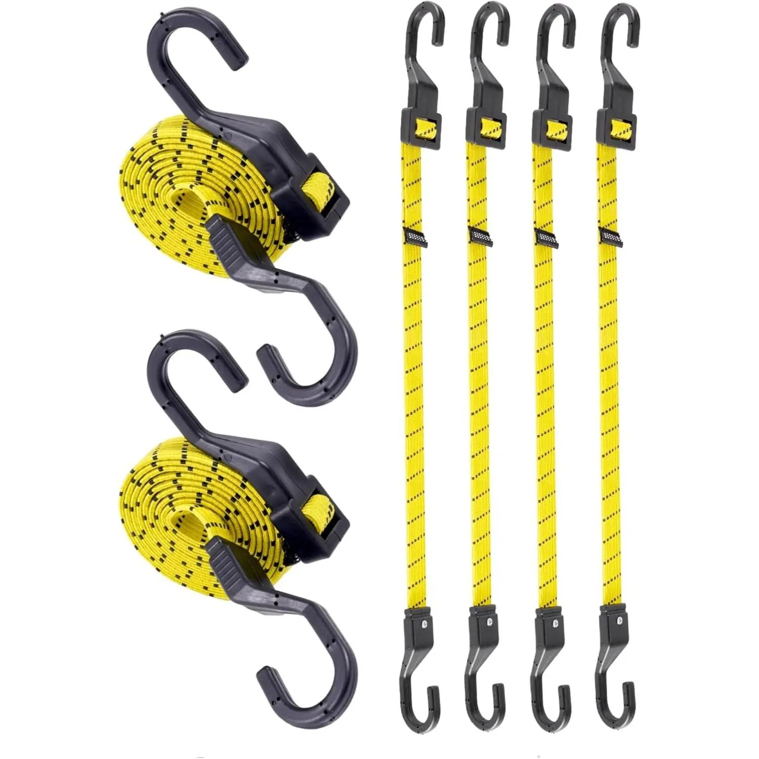48" Flat Adjustable Bungee Cords with Hooks, 3X Faster Length Adjustment, 6 Pack Black/Yellow Heavy Duty Bungee Straps for Cargo, Bike, Cart, Tent, Truck, Camping, OutdoorGift