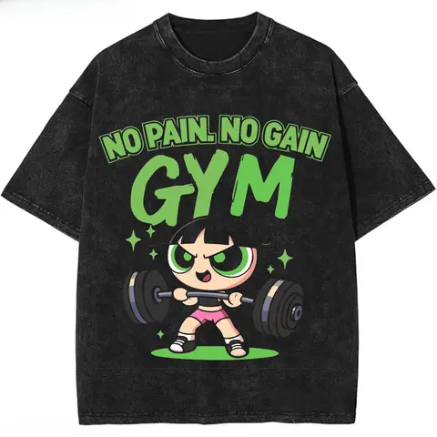 Unisex Fitted Cotton Fabric Smooth Seamless Short-Sleeve Graphic T-Shirt - Funny Power-Girl Anime Gym Top with "No Pain, No Gain" Vintage Casual Design