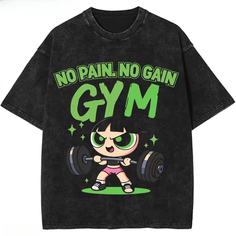 Unisex Fitted Cotton Fabric Smooth Seamless Short-Sleeve Graphic T-Shirt - Funny Power-Girl Anime Gym Top with "No Pain, No Gain" Vintage Casual Design