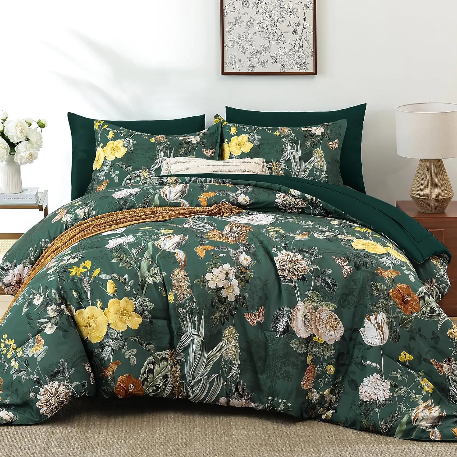 Green Comforter Set Queen,7 Pieces Floral Comforter Set for All,Bed in a Bag King with Botanical Flowers Comforter, Sheets, Pillowcases & Shams