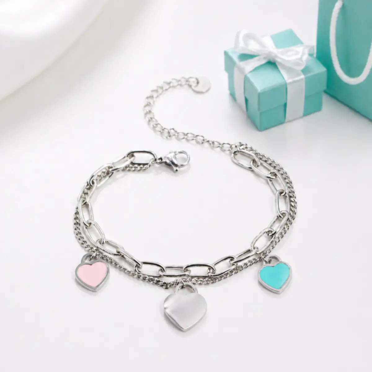Women's Timeless Heart Charm Fashion Bracelet - 21 cm Curb Chains, Delicate Stackable Bangle Bracelets, Sleek Enamel Pendant, Dual-Chain Style, Blush Pink/Sky Blue, Exquisite Pretty All-Occasions Daily Jewelry, Ideal for Gifting