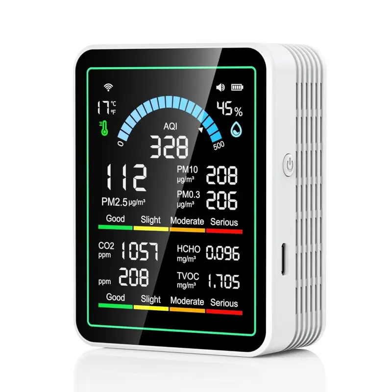 Indoor Air Quality Monitor, Compact 10-in-1 Multi-Sensor Portable Smart Tester with Small Size for CO2, TVOC, HCHO, Temp, AQI, PM0.3-PM1 Detection Suitable for Home, Cars, Hotels, 10-In-1 Test