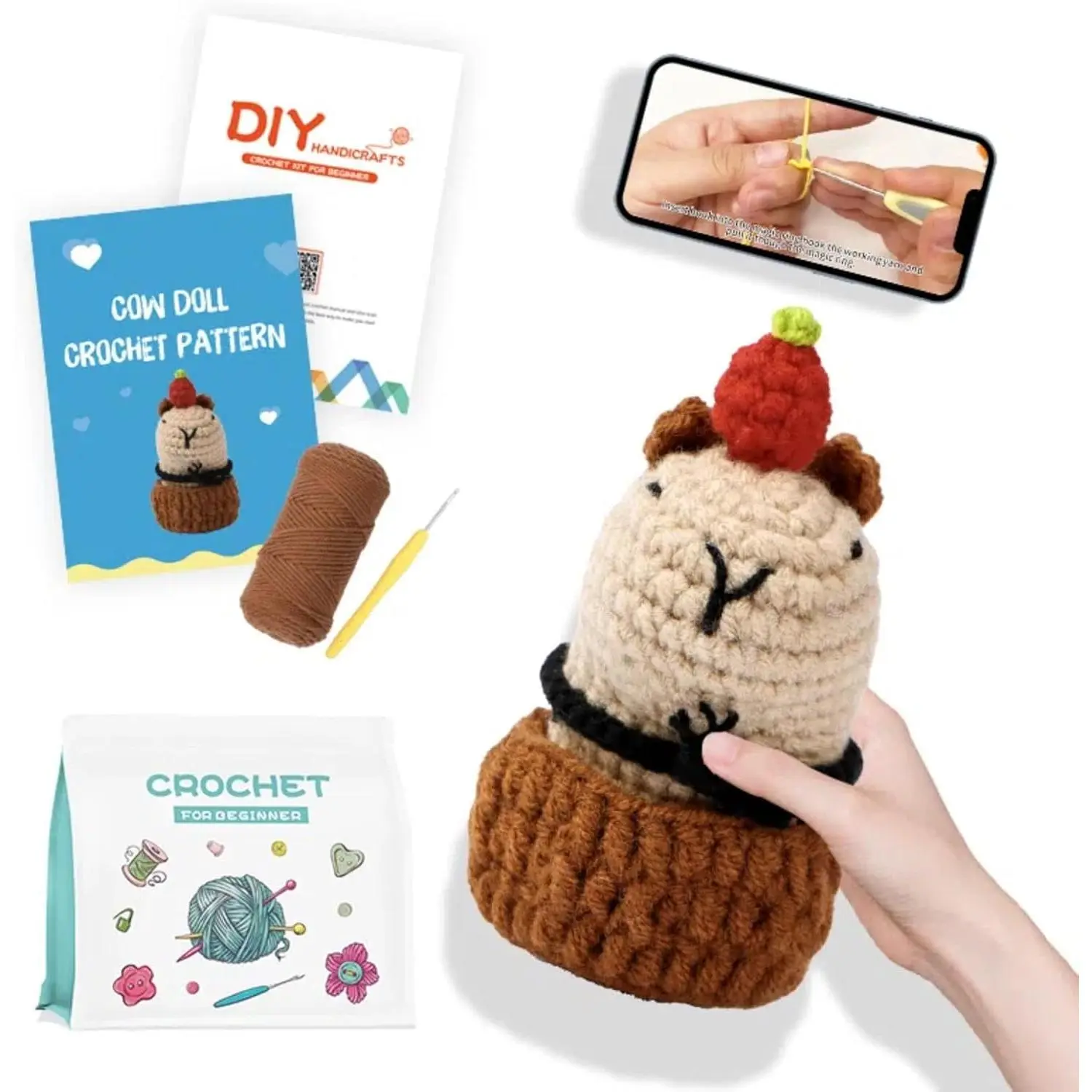 Crochet kit for Beginners, Capybara  Crochet kit, Learn to Crochet, with Step by Step Video, for Adults Teens, for Gifts, with Tutorials and Yarns, Hook, Accessories (Capybara)